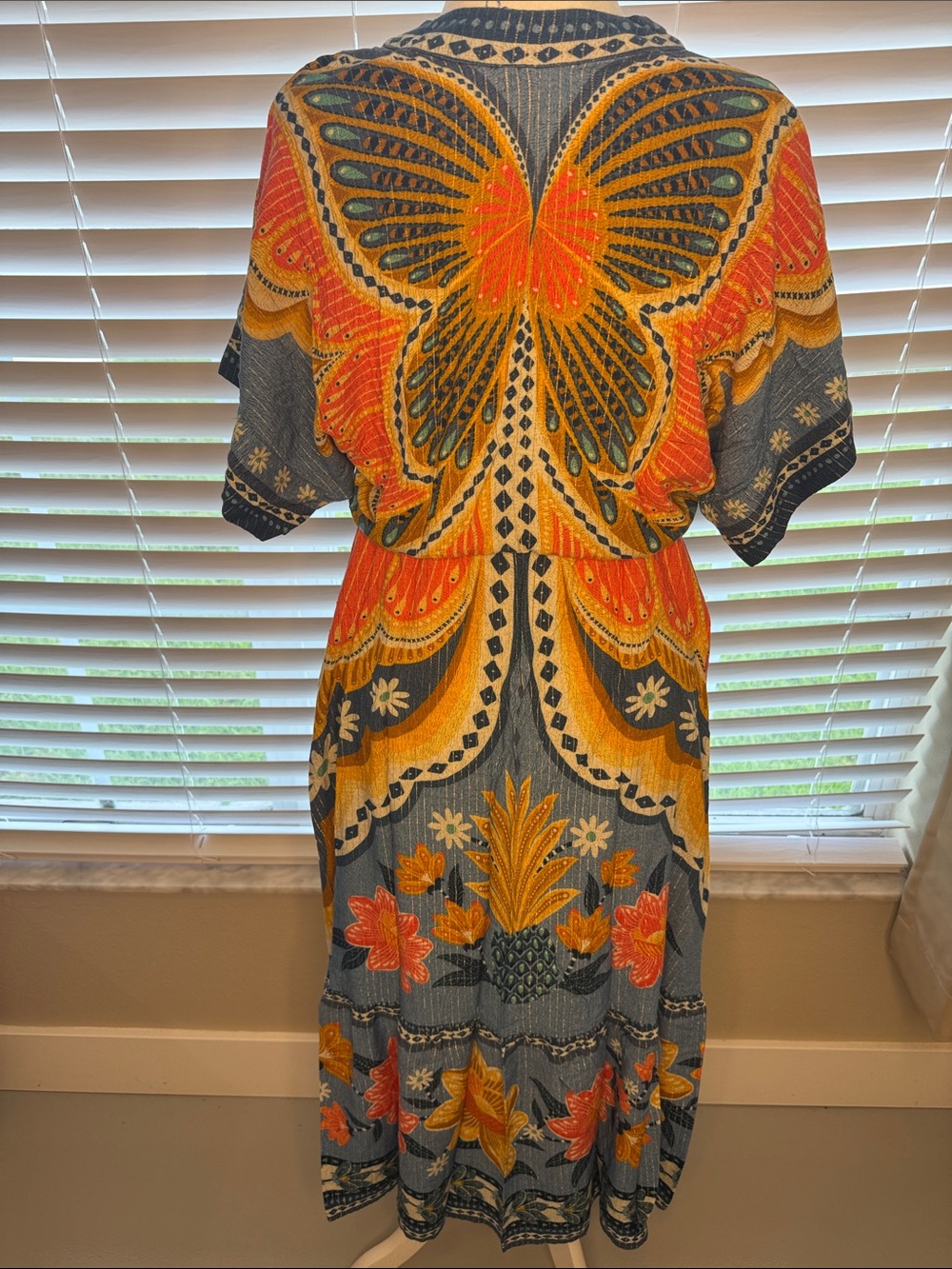 FARM Rio Boho V-Neck Floral Midi Dress in Orange and Yellow - Picture 4 of 5